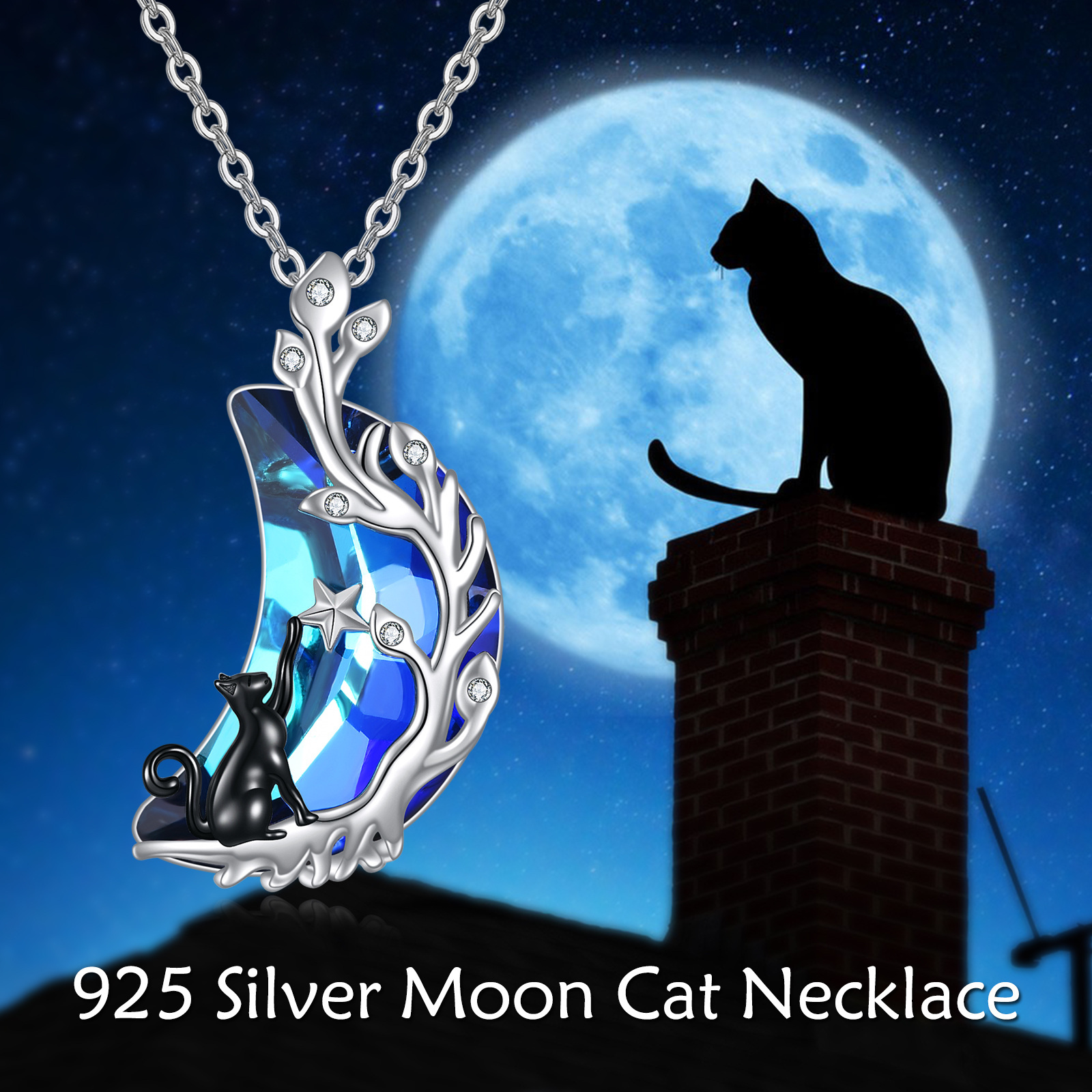Women's Cat Necklace with Blue Crystal Moon Pendant, Gift